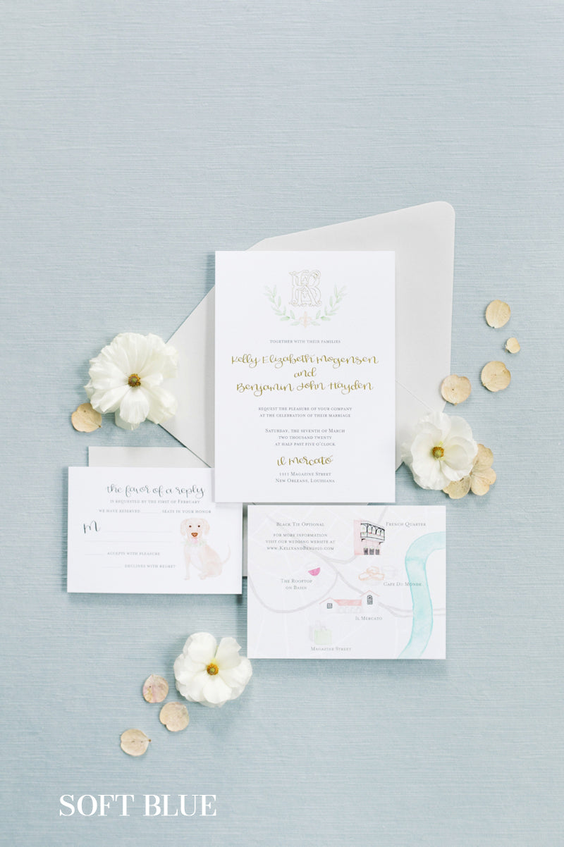 Soft Blue Rollable Styling Mat Styled With Wedding Invitation Suite