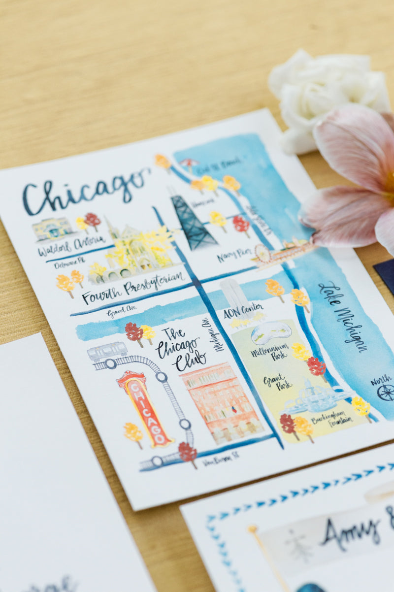 Honey velvet rollable styling mat with hand-drawn way finding map of Chicago for wedding invitation.