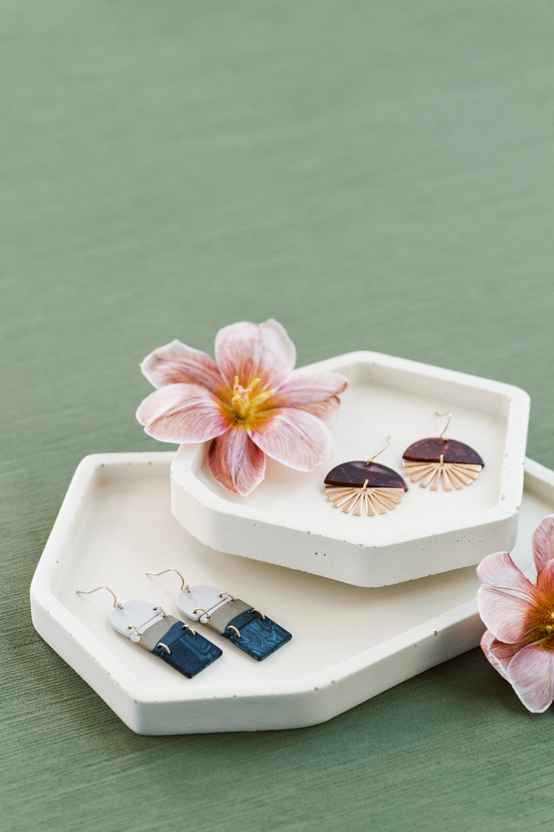 Moss Velvet Rollable Styling Mat Styled with Concrete Trays and Earrings